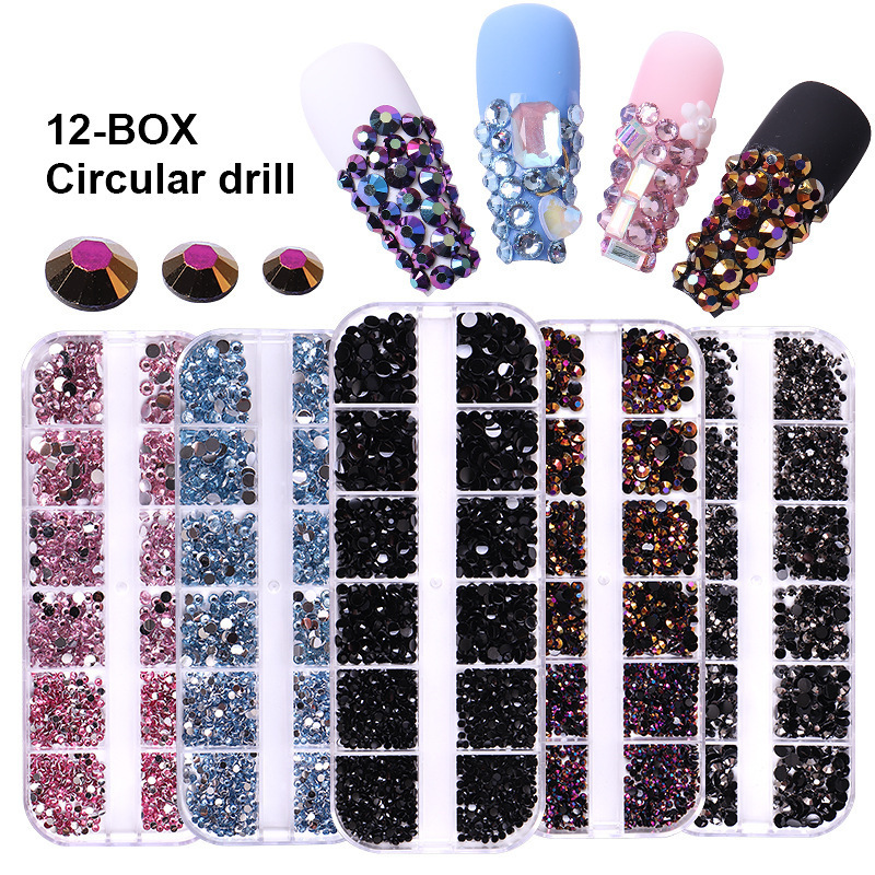 Cross-border new 12-grid fingertip strip suit Diamond acrylic color flat round diamond nail jewelry diamond