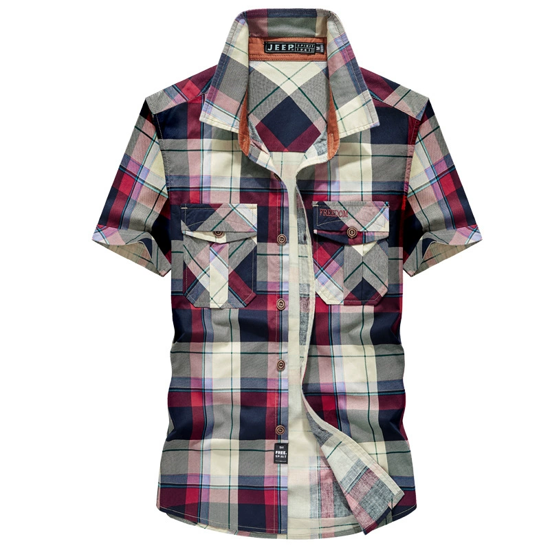 JEEP SPIRIT Летняя мужская Свободная клетчатая рубашка большого размера с коротким рукавом модная мужская Тонкая Повседневная клетчатая рубашка 018