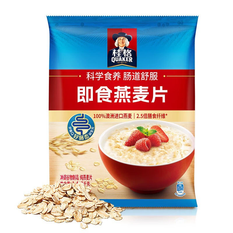 Похоже, что это название бренда и продукта на английском: (QUAKER) Instant Oatmeal Original Cereal Nutritional Breakfast Coarse Grain Drink Free Cooking Meal Replacement Wholesale