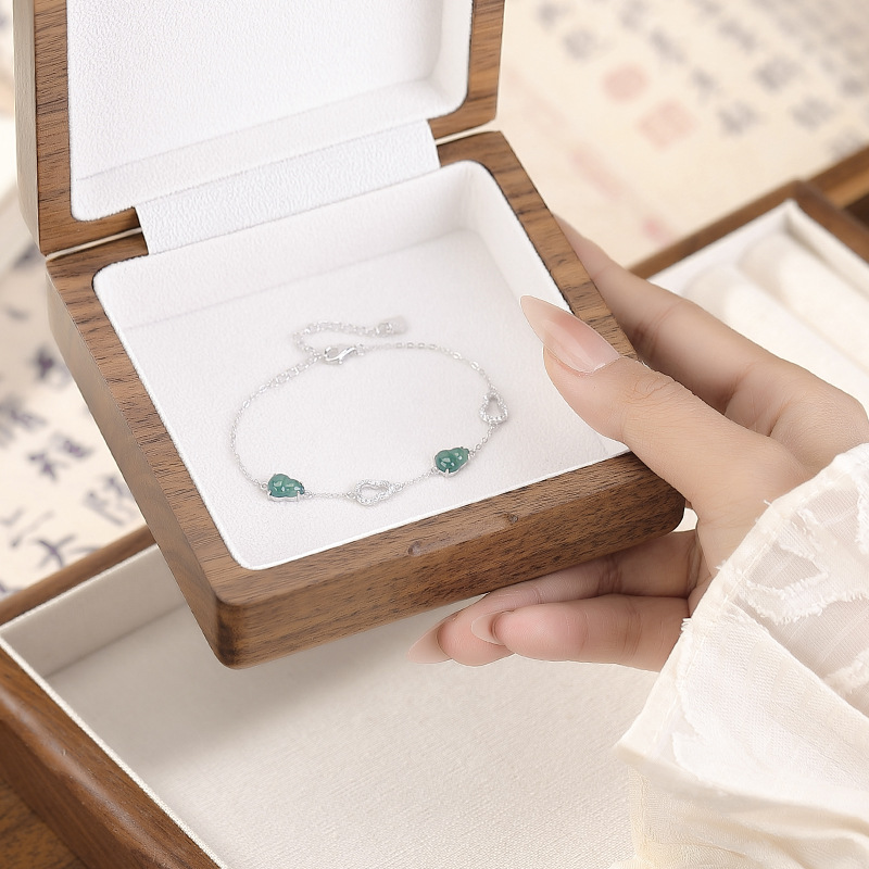 Vòng tay bạc S925 đính ngọc bích xanh phong cách Trung Quốc Fulu rỗng — Mẫu ngọc bích nước xanh