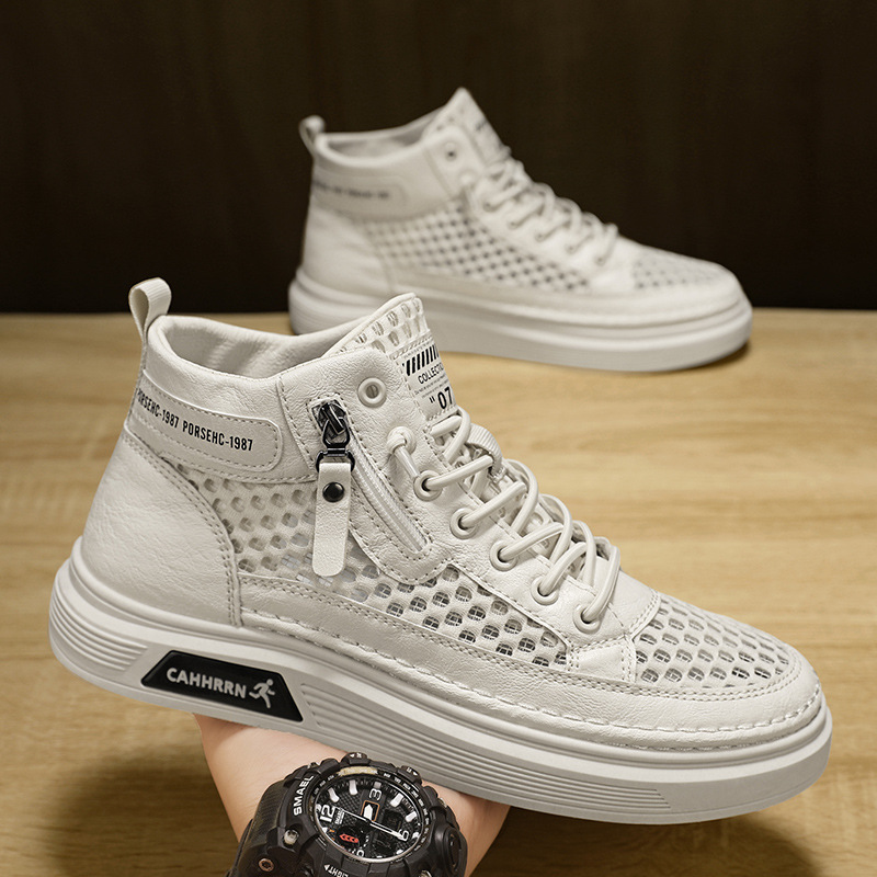 Trendy Men's Shoes Individual Shop Board Shoes 2025 Summer New Mid-top White Shoes All-match Breathable Mesh Casual Shoes for Men
