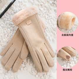 冬季加绒保暖加绒手套女日式甜美触屏手套防寒防风手套大毛口手套