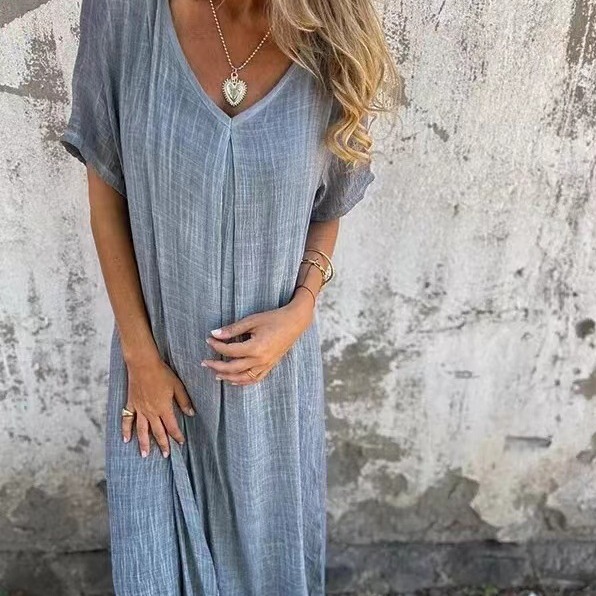 Amazon Independent Site European and American Foreign Trade Cross-Border Women's Clothing Spring New Fashion Cotton and Linen V-Neck Semi-Formal Dress