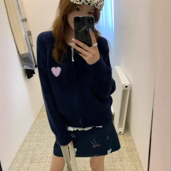 韩系减龄慵懒风爱心拉链连帽针织开衫女秋冬新款宽松软糯毛衣外套