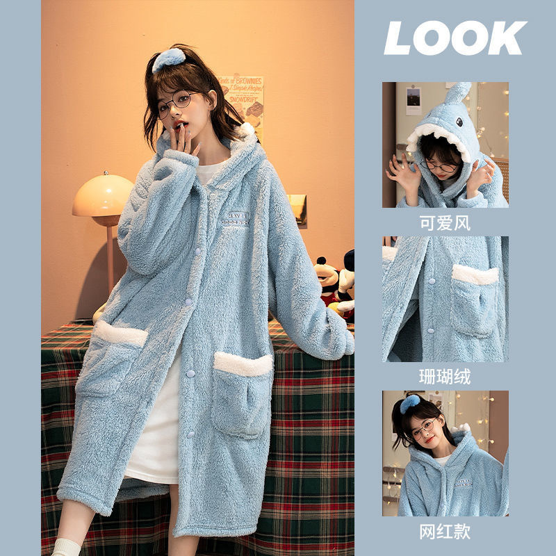 Cute Shark Hooded Coral Fleece Pajamas for Women, Winter Thickened Warm Flannel Robe Home Wear Set Cute Shark Hooded Coral Fleece Pajamas for Women, Winter Thickened Warm Flannel Robe Home Wear Set