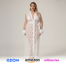 耀婷大码冰丝绸女士长睡袍宽松蕾丝单浴袍长款睡衣家居服WP5014