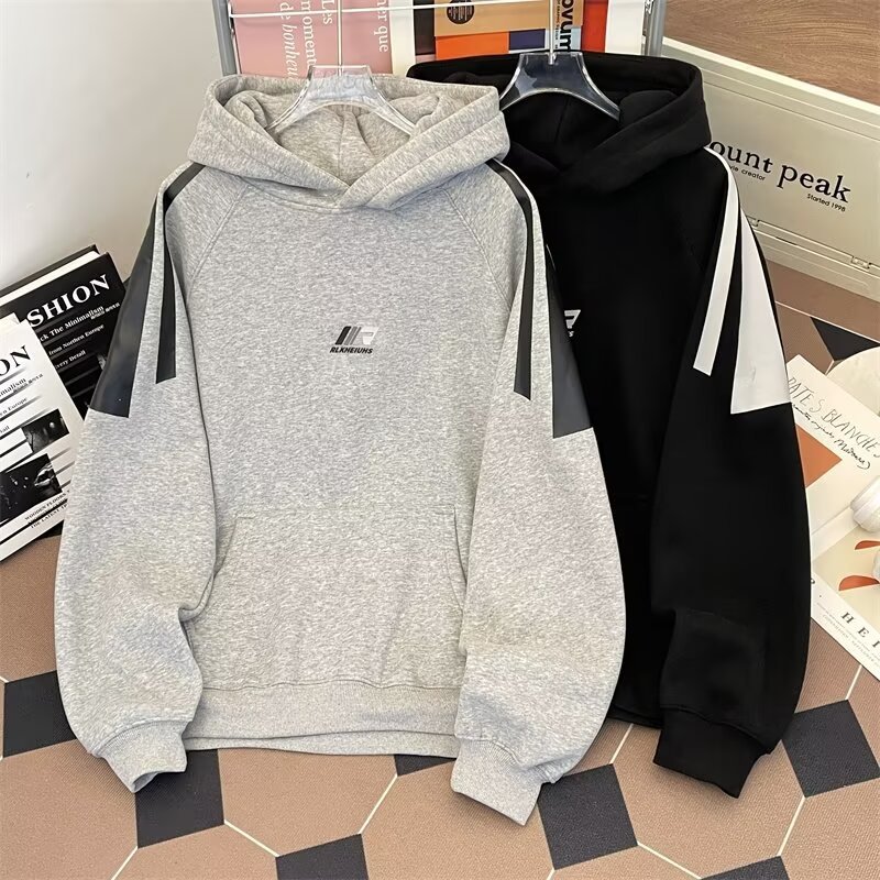 冬季加绒加厚连帽卫衣男款美式复古宽松撞色拼接保暖百搭套头帽衫