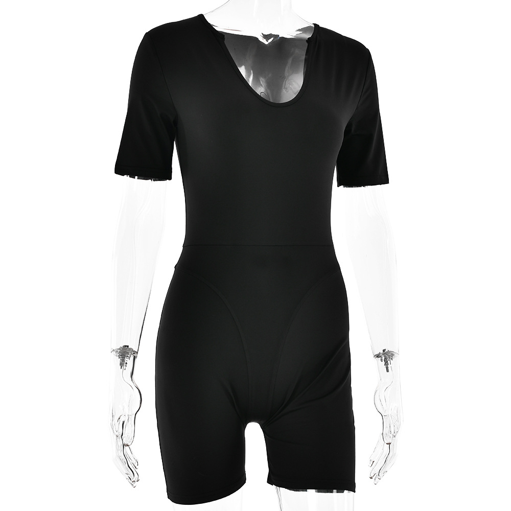 Popular Sexy Tight Jumpsuit Spring Summer Short Sleeve V Neck Patchwork Bottoming Shirt Women