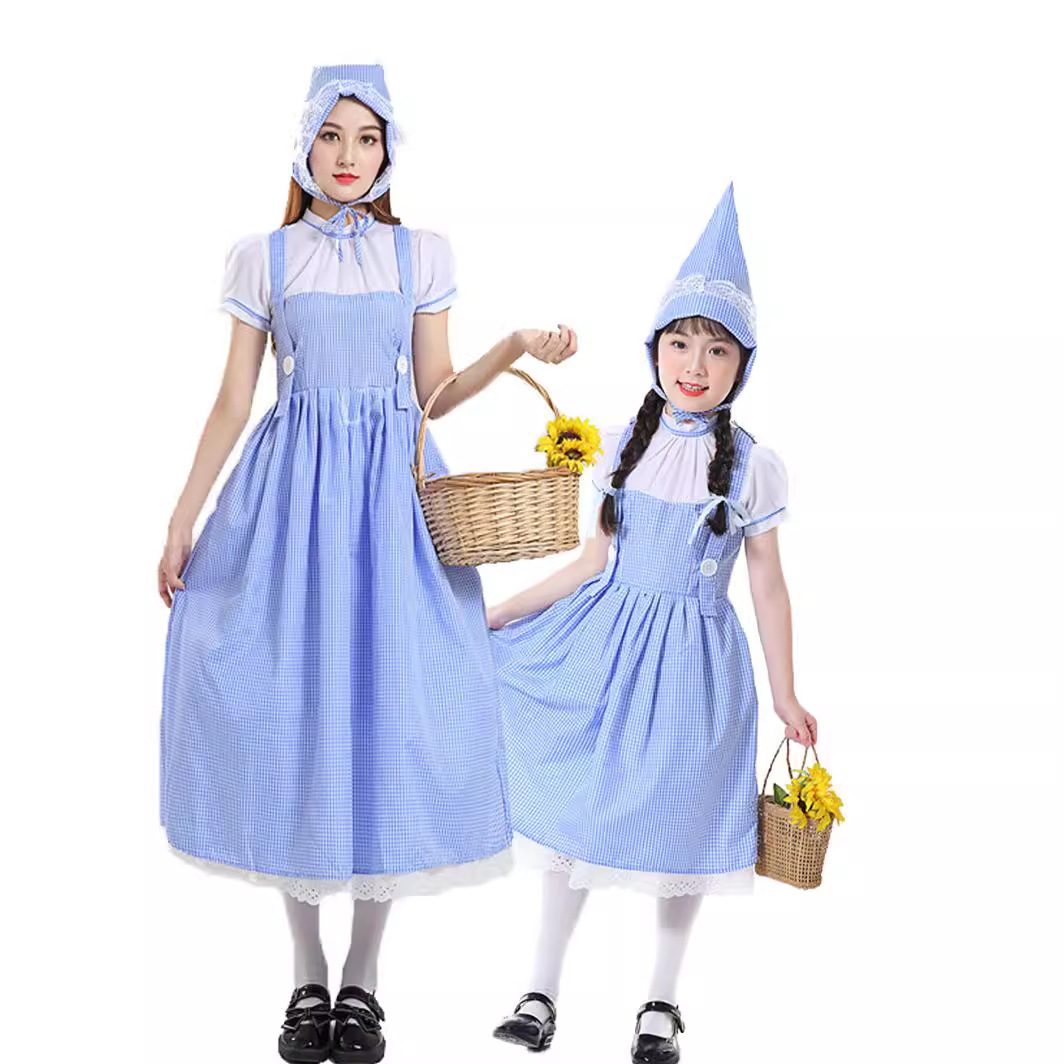 Green Fields Oz Dorothy Alice Princess Dress Parent-Child Set Maid Costume Rustic Style Stage Performance Costume