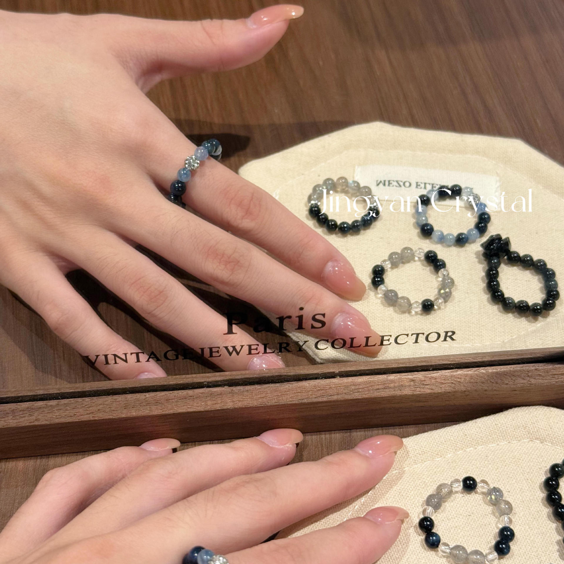 Original design dark-toned gray moonlight blue tiger eye niche live streaming supply wholesale personalized natural crystal ring for women