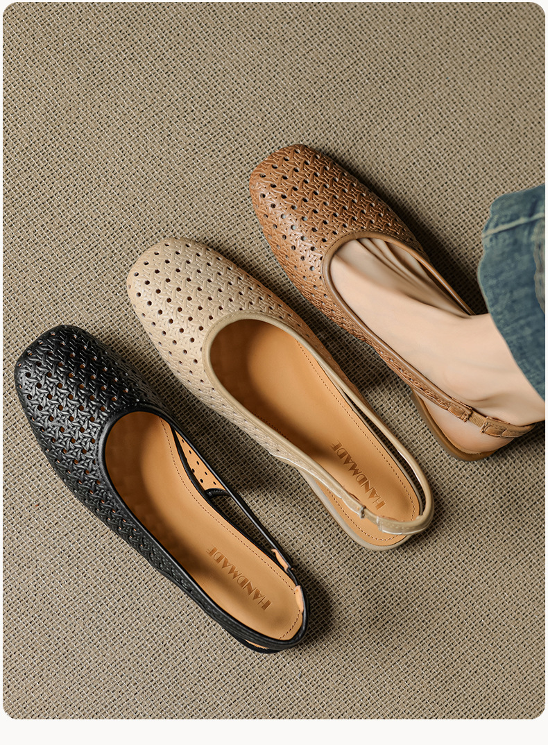 Sandal nữ đế bệt mũi bọc da bò, quai sau hở, phong cách vintage đan lỗ — đen chi tiết 19