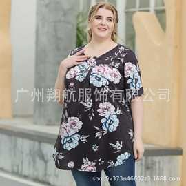 欧美2022  女式加大码束腰上衣休闲短袖宽松 T 恤夏季衬衫 L-5L