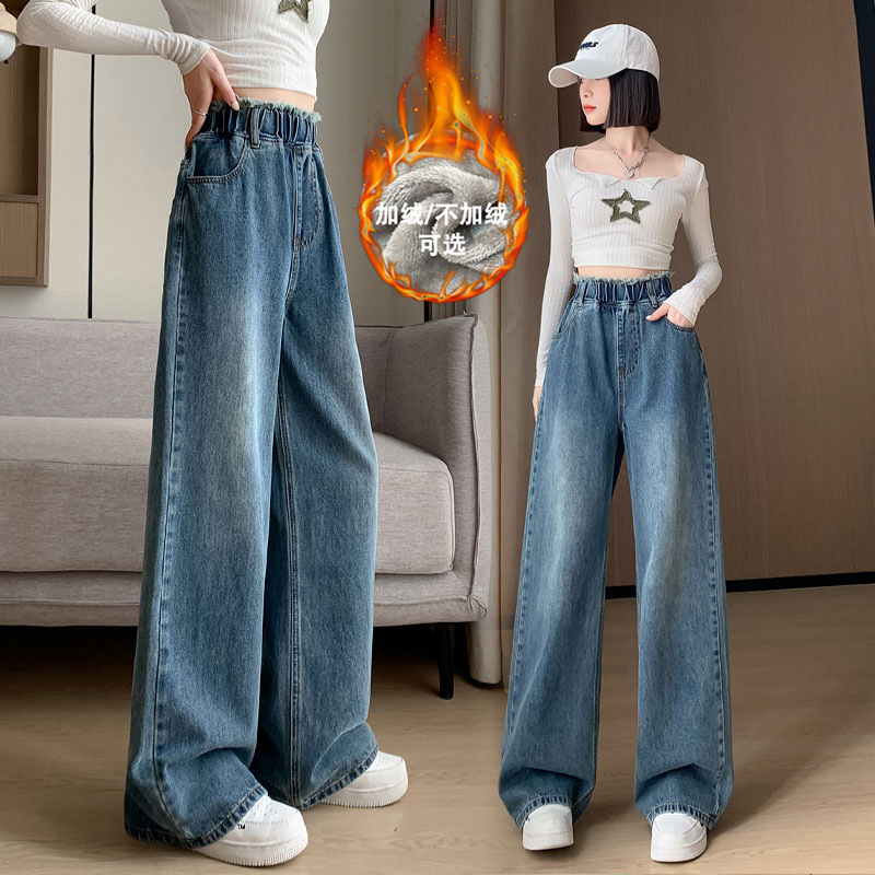 Big size fat sister straight leg jeans women 2023 new autumn and winter plus velvet elastic waist loose sag wide-leg pants tide