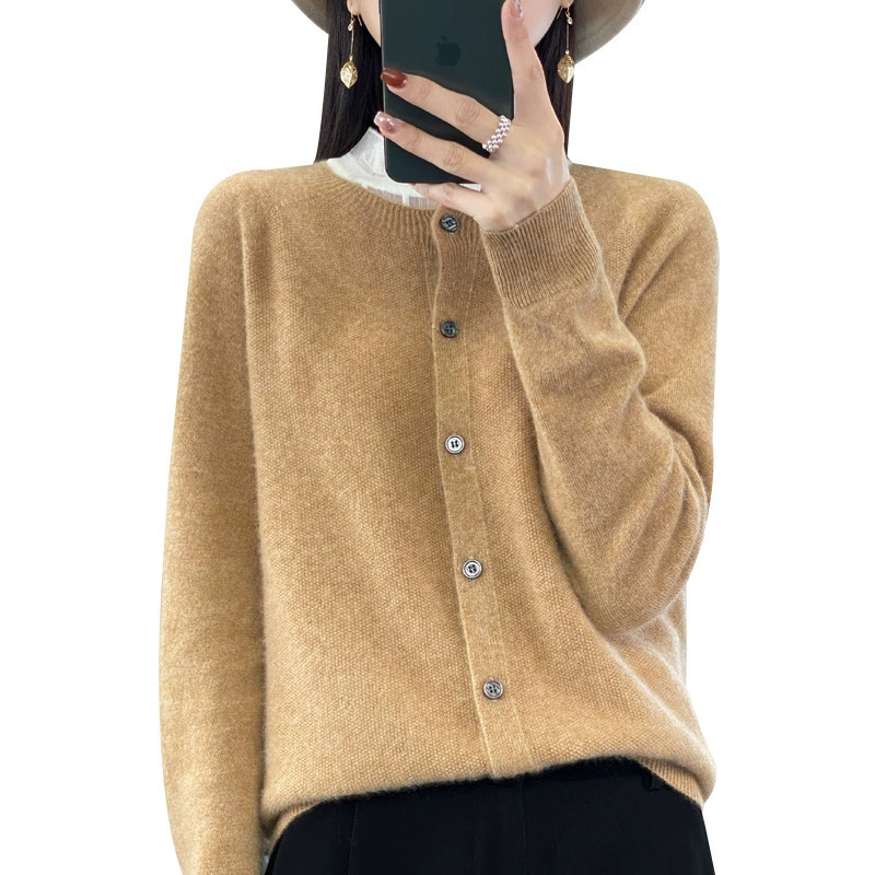 Woolen fashionable cardigan, design demi-season jacket, cashmere sweater, round collar, trend of season, oversize