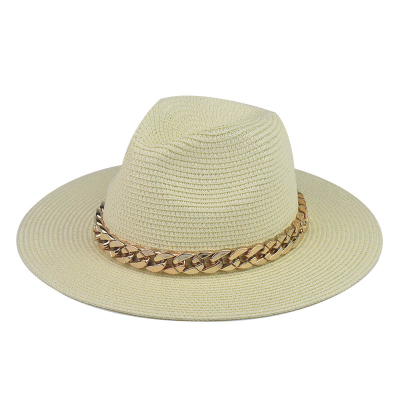 Comercio exterior transfronterizo Four Seasons Sombrero de paja de cadena grande de oro Cadena de sombrero de paja de Jazz de ala grande Sombrero de paja de tapa plana