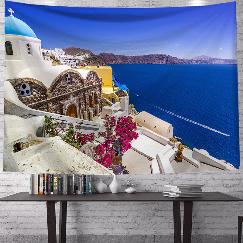 Transfronterizo griego fresco paisaje impresión decorativa de tela de renovación de la sala de tela de fondo vivo fábrica de tela al por mayor