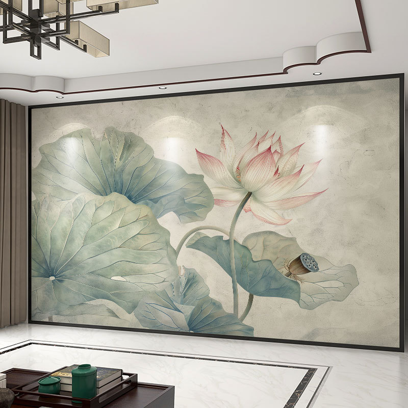 壁画3d立体中式意境荷花电视背景墙壁纸客厅壁布装饰墙布墙纸|undefined