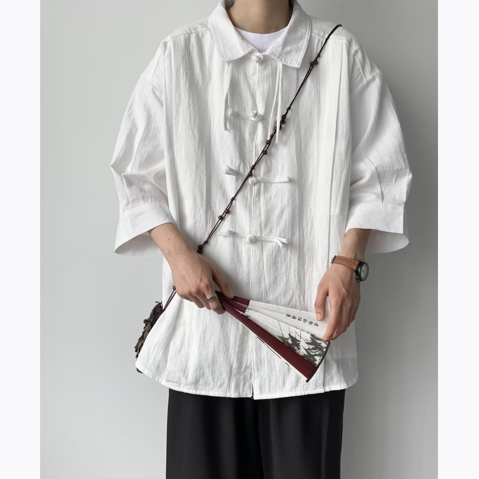 Summer New Chinese Style Retro Tang Coat Solid Color Cotton Linen Shirt Loose Buckle Short Sleeve National Style Shirt Trend for Boys and Girls