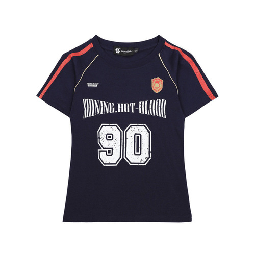 90 Number Printed Sport Short Sleeve T-shirt Women's Summer American Round Neck Striped Shoulder Sleeve Round Neck Top