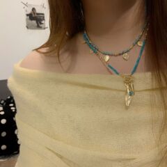 重工青金石项链女羽毛吊坠毛衣链圆珠锁骨链叠戴颈链