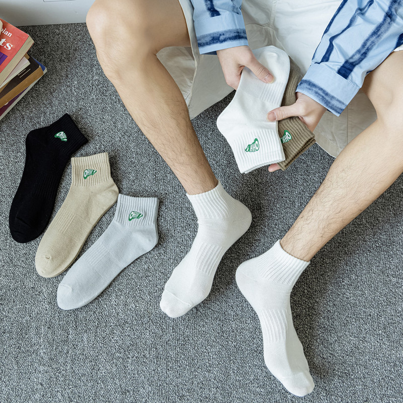 Socks men's summer thin ins embroidered letters solid color cotton socks mesh socks trendy sports waist men's socks