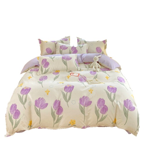 New thickened brushed pure cotton four-piece set of sheets, fitted sheet and quilt cover student dormitory three-piece bedding set wholesale