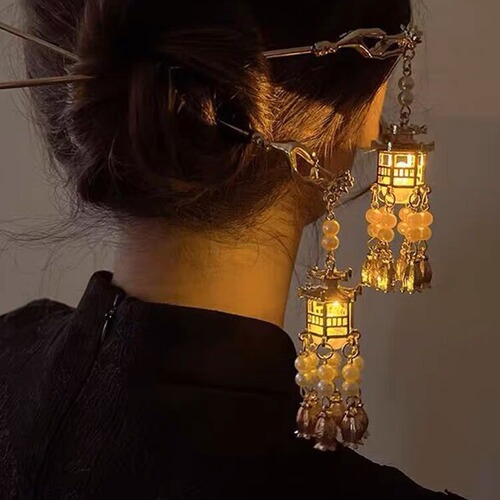 Ancient style luminous pavilion hairpin, retro lantern, palace lantern, tassel hairpin, Hanfu step headband, hair accessories wholesale