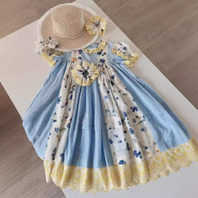 【现货】2024SS春夏 儿童新款黄蓝撞色 天丝棉拼接  度假风连衣裙