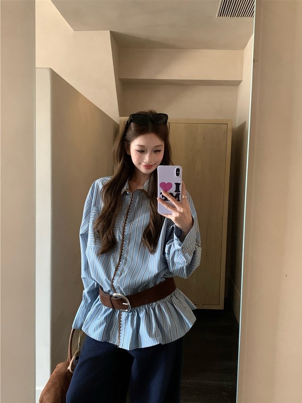 美式复古撞色条纹衬衫女装秋季宽松百搭别致蓝色长袖上衣chic衬衣|undefined