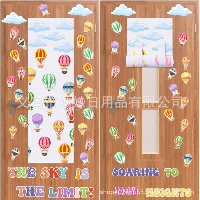 Hot Air Balloon Classroom Door with Card Cloud Curtains, Sky Without Beak Glass Door Curtains Darkening Blackout Roller Shade Type
