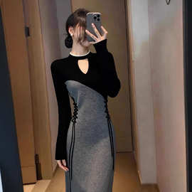 法式小香风特别漂亮掐腰灰色拼接连衣裙女2026秋季新款气质感长裙
