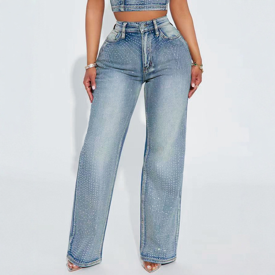 Women's Fashion Rhinestone Embellished Wide Leg Jeans, High Waist Straight Denim Pants, Sparkly Casual Trousers For Party, Vacation & Street Sty Jeans_voghion.com
