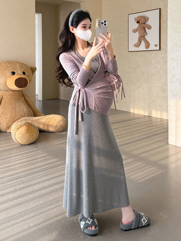 孕妇套装2025秋冬新款遮肚显瘦韩系绑带长袖上衣挂脖连衣裙两件套|undefined