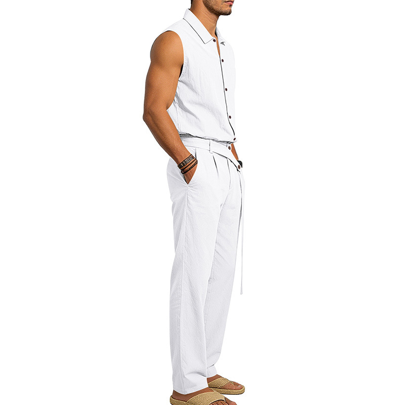 Men's Linen Blend Short Sleeve Shirt And Pants Set Breathable Casual Summer Outfit Comfortable Relaxed Fit_viptrois.com