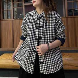 秋款格子拼色圆领夹棉外套 盘扣文艺中式棉服 宽松版休闲上衣女
