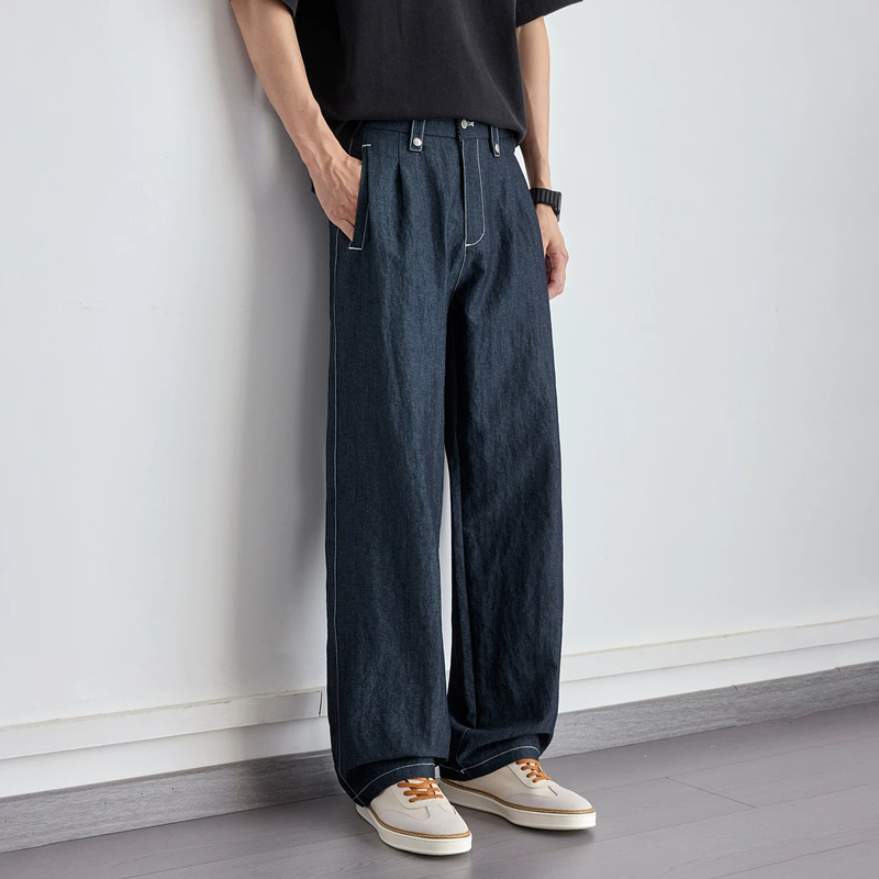 Imitation Denim Casual Pants for Men, Summer Thin Style, Breathable, Washed, Loose Straight-Leg Wide-Leg Long Pants