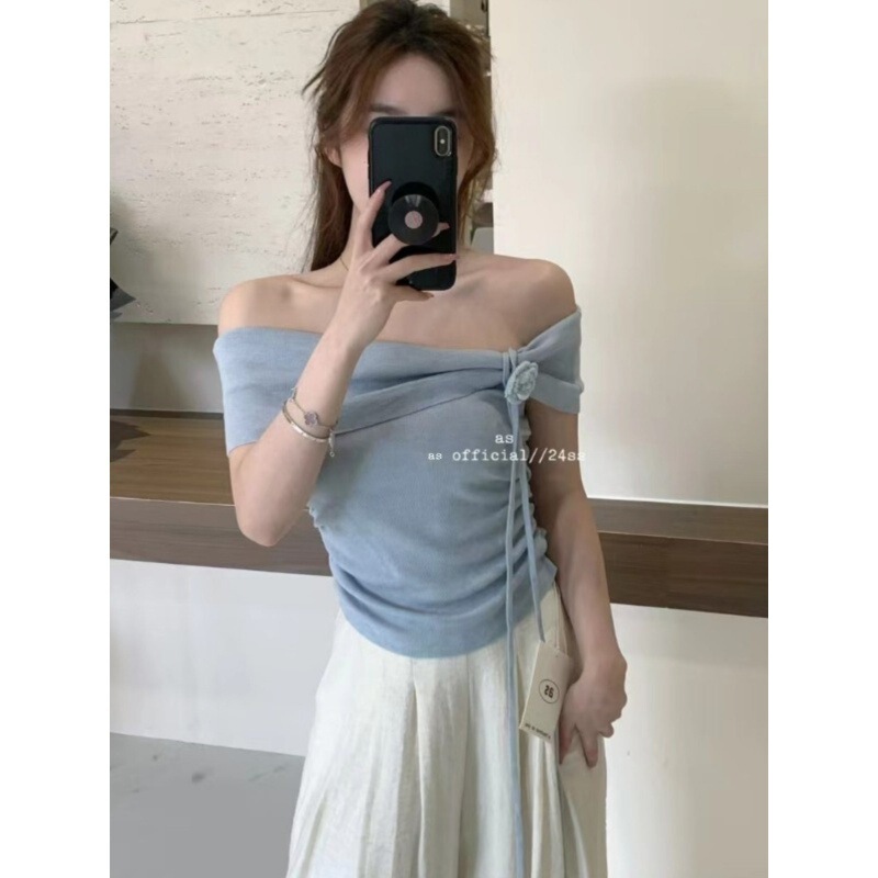 Sweet Hot Girl One Shoulder Sweater Women's Designed Braided Rose Ribbon Temperament Gentle Style Slim Waist Top