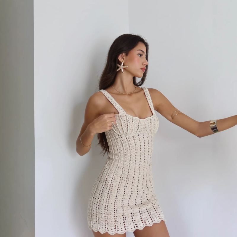 2026 European and American Cross-Border Women's Knit V-Neck Pearl Waist-Cinching Elegant Fashion Hollow-Out Strap Dress Gown