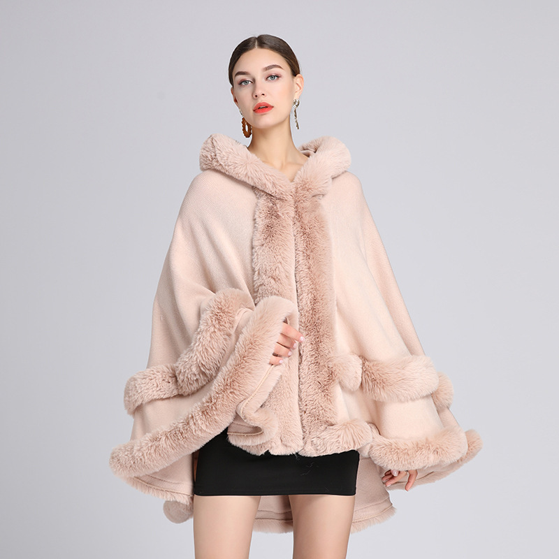 European and American Autumn and Winter New Imitation Rex Rabbit Fur Collar Hooded Shawl Cloak Large Size Knitted Jacket Cardigan for Women