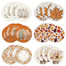 感恩节圆形餐垫定制图案切割边锁边亚麻印花秋天枫叶南瓜花卉餐垫