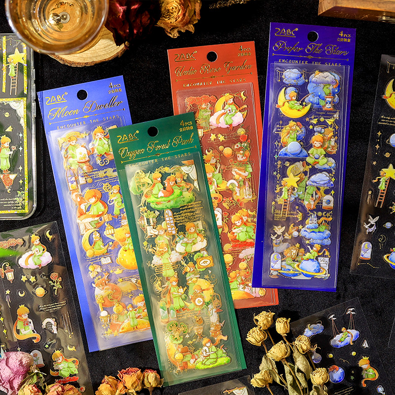 Encuentro con estrellas Pegatinas planas El principito estampado en caliente tridimensional Personaje de cuento de hadas Cuenta de mano Material de base Pegatinas 4 estilos