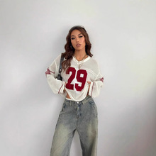 美式亚马逊跨境镂空性感辣妹宽松新款条纹数字圆领针织毛衣