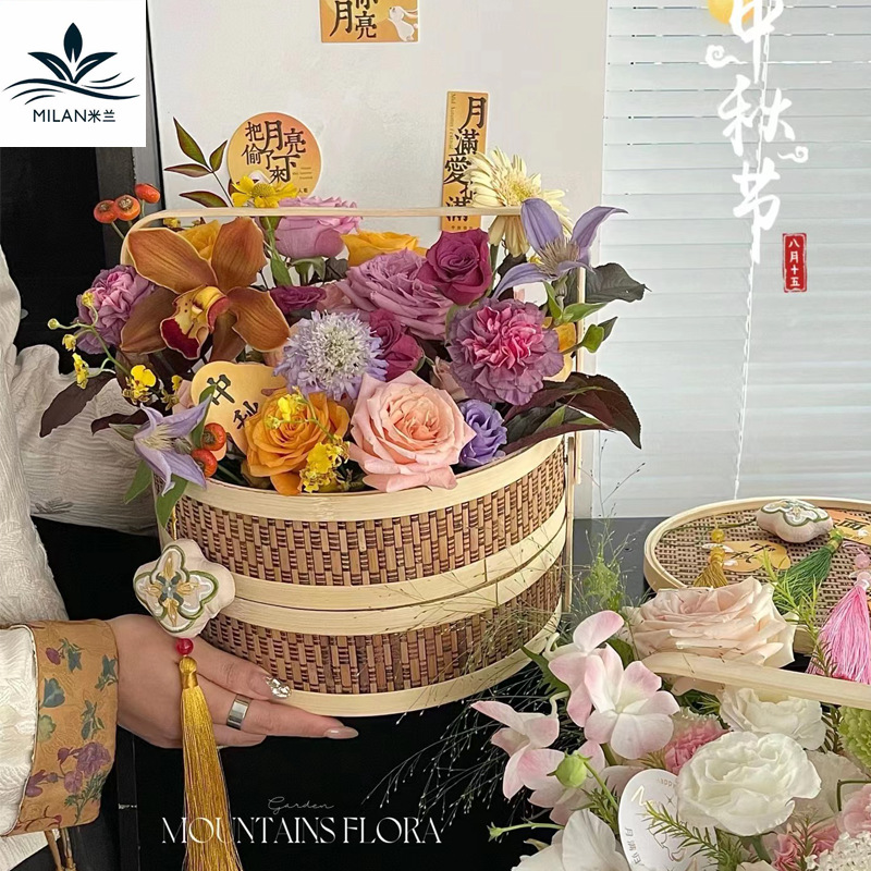 Festival del Medio Otoño pastel de luna nueva cesta de bambú de estilo chino de doble capa de tela de mano cestas de flores cestas de flores cestas de frutas