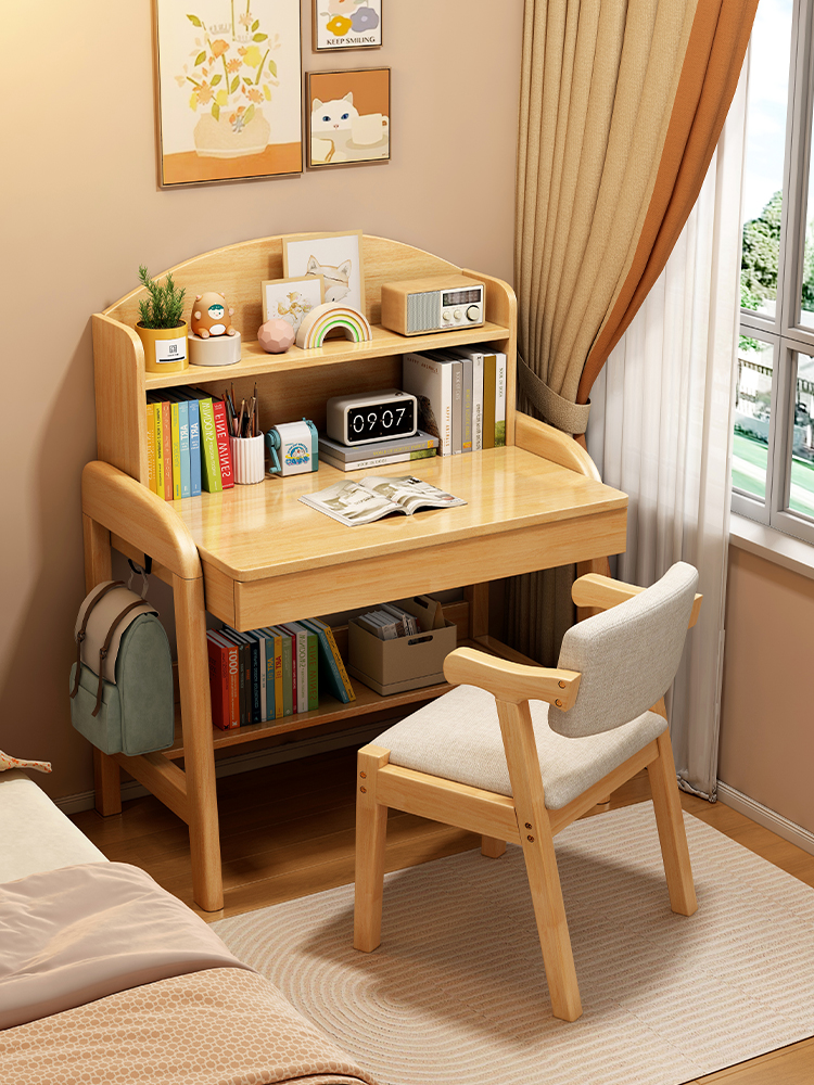 Solid Wood Desk Bookshelf Integrated Table Simple Liftable Home Small Apartment Primary and Secondary School Children's Study Table Computer Table