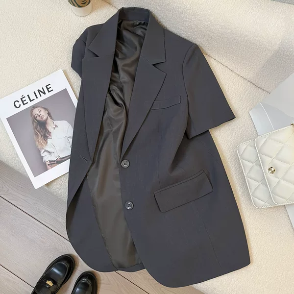 Grey Retro Short-sleeved Suit Jacket Women's Spring and Autumn Summer 2025 New High-end Sense Fashion Casual Fried Street Suit Women