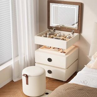 Dressing Table Flip-Top Bedroom Makeup Mirror Integrated Stool with Wheels Integrated Bedside Table Storage