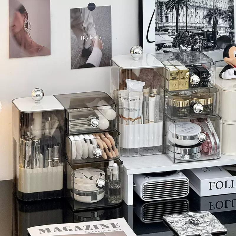 化妆刷收纳桶自动升降梳妆台桌面眉笔眼线笔美妆刷按压收纳盒防尘