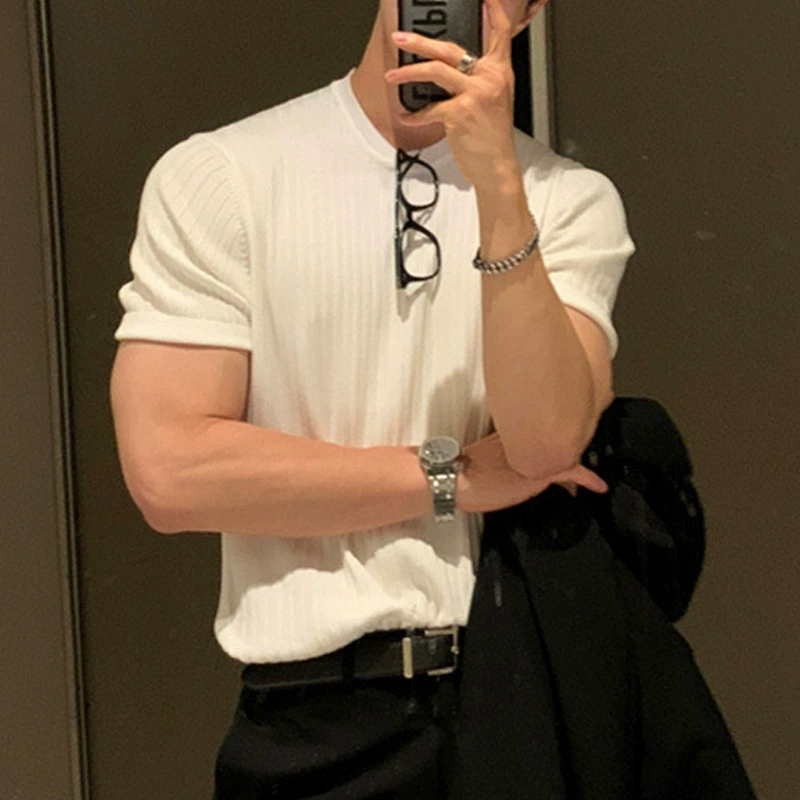 Новая летняя мужская модная тонкая футболка с коротким рукавом в европейском и американском стиле, повседневная трикотажная эластичная свободная футболка с круглым вырезом, модель 2025 года