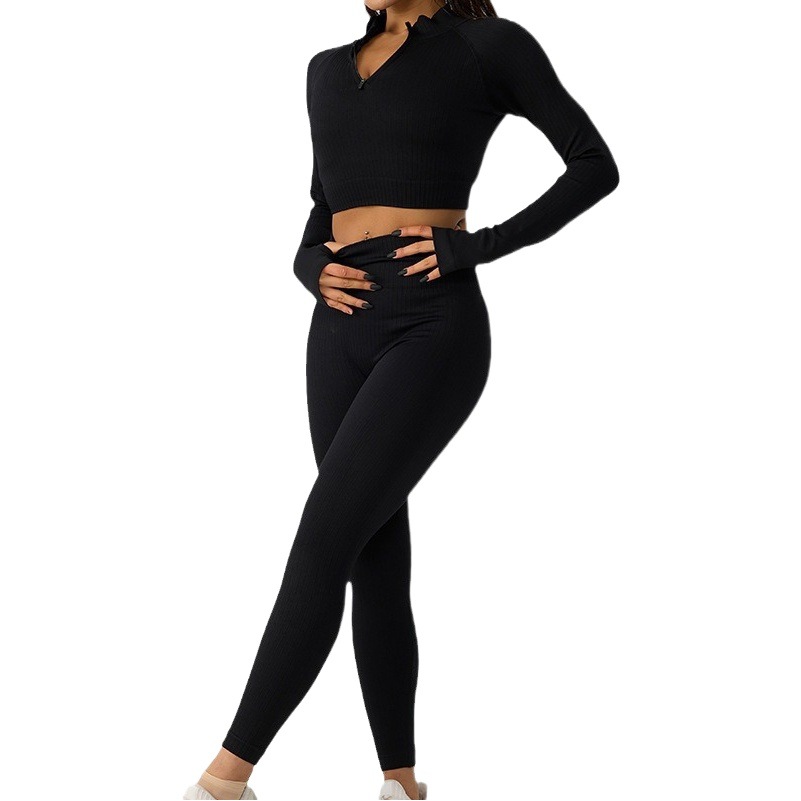Conjunto de yoga transfronterizo europeo y americano: pantalones deportivos de fitness, top de manga larga acanalado, pantalones largos ajustados de alta elasticidad al por mayor