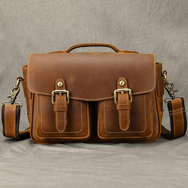 Vintage Genuine Leather SLR Camcorder Bag Crazy Horse Leather Mini Micro Single Camcorder Bag Head Layer Cowhide Shoulder Crossbody Bag